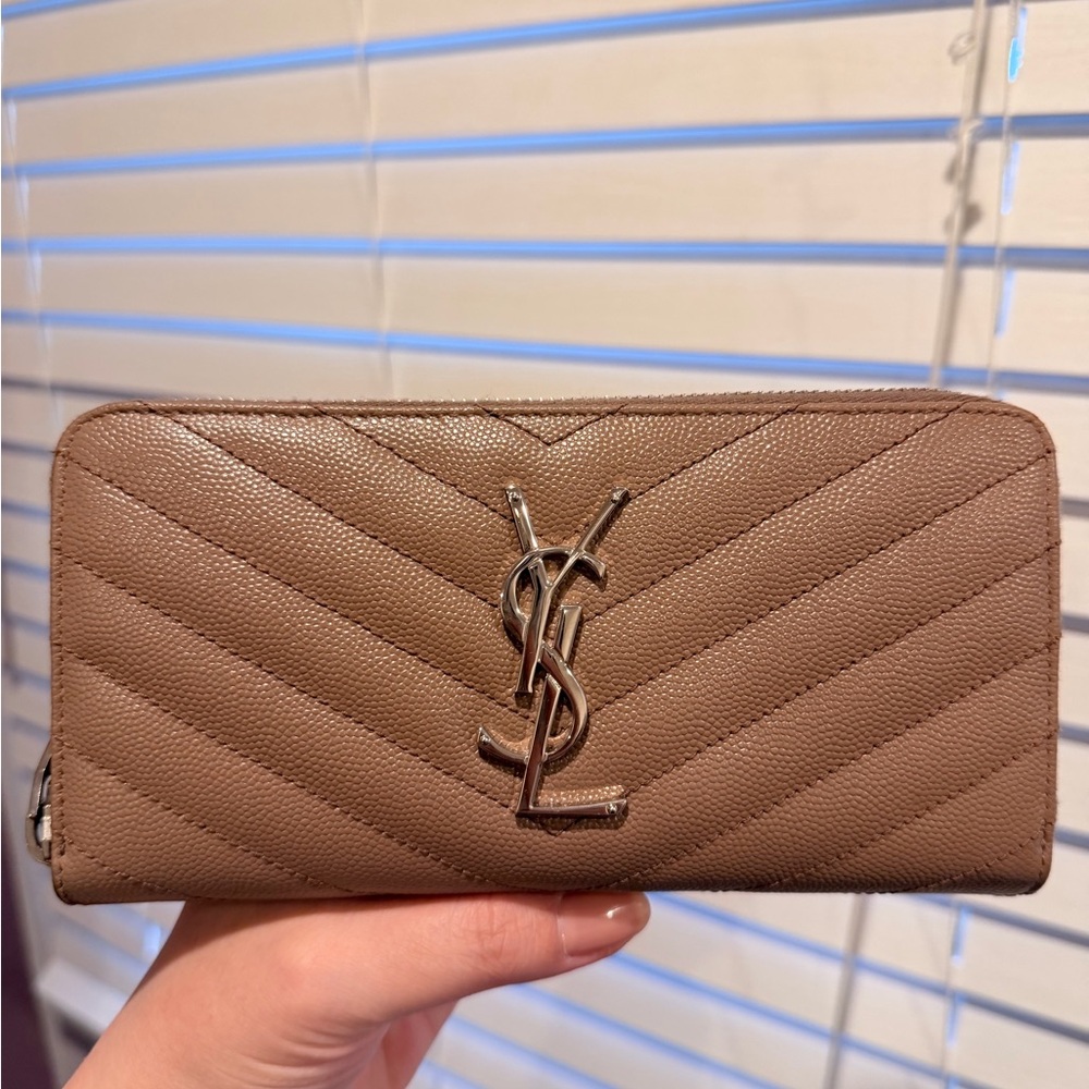 Saint Laurent YSL Monogram Large Zip Wallet - Dark Beige - Rare -Silver Hardware